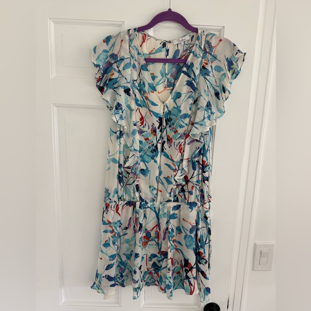 Parker Floral V-Neck Ruffle Mini Drop Waist Dress - White, Blue & Teal